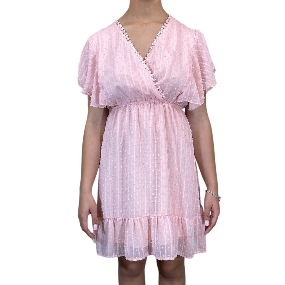 SHEIN Pink Swiss Dot Flutter‎ Sleeve Wrap Mini Dress Lace Trim Size M US 6